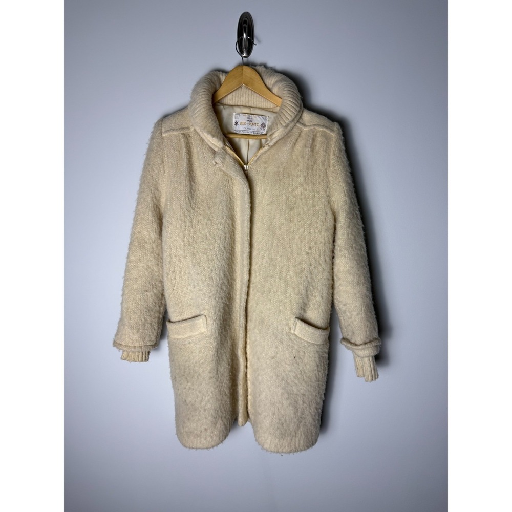 Ice-Knit Vintage Chunky‎ Knit Wool Coat Women's S Beige Comfortable